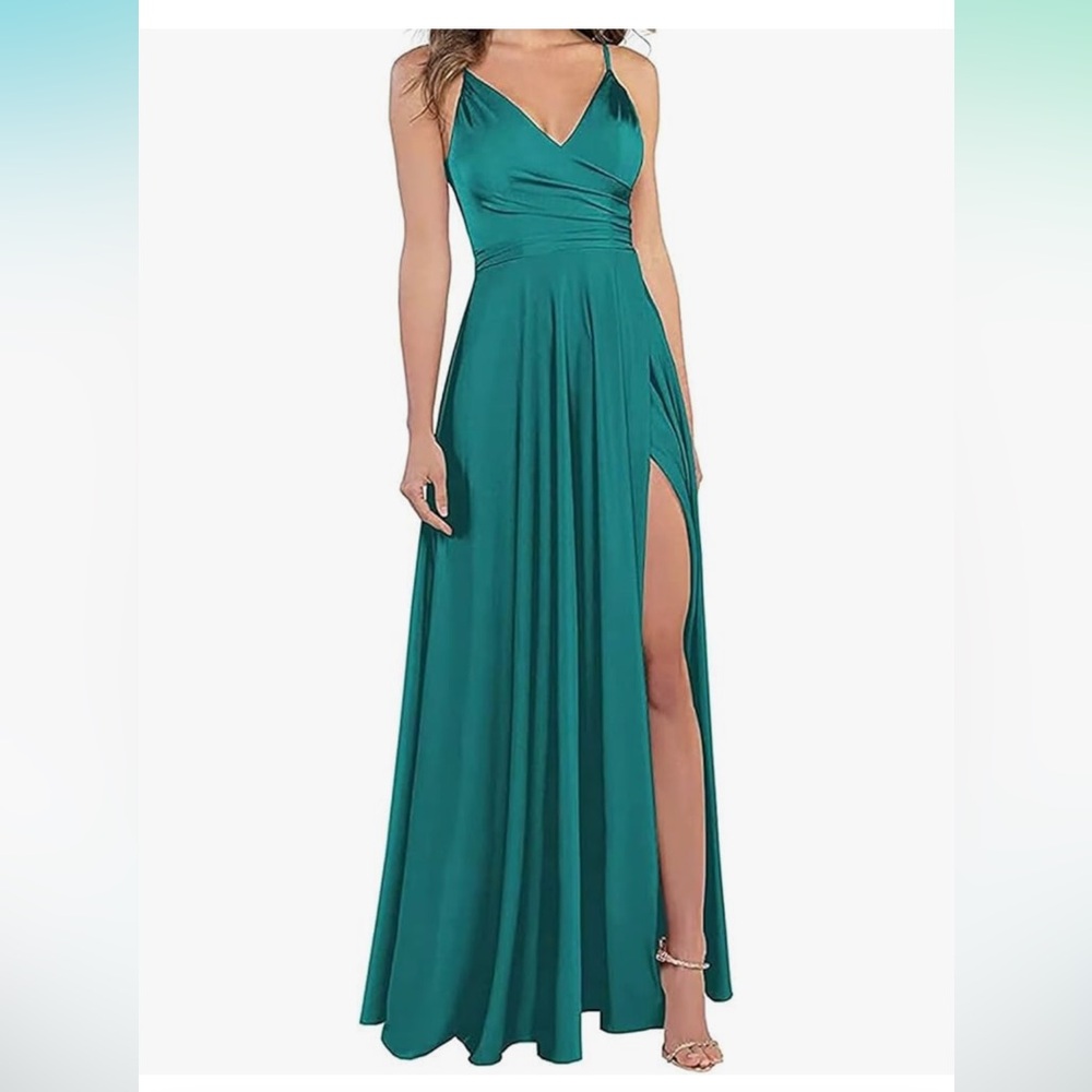 Miao Duo Women's V Neck Satin Bridesmaid Dresses with Slit.